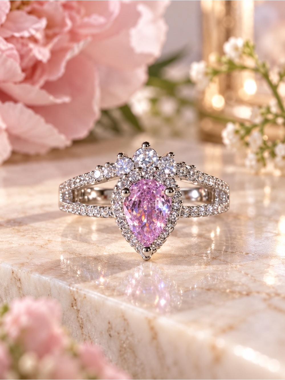 Pink Pear Cut Tear Drop Shaped Crystal Adjustable Silver Tone Statement Ring